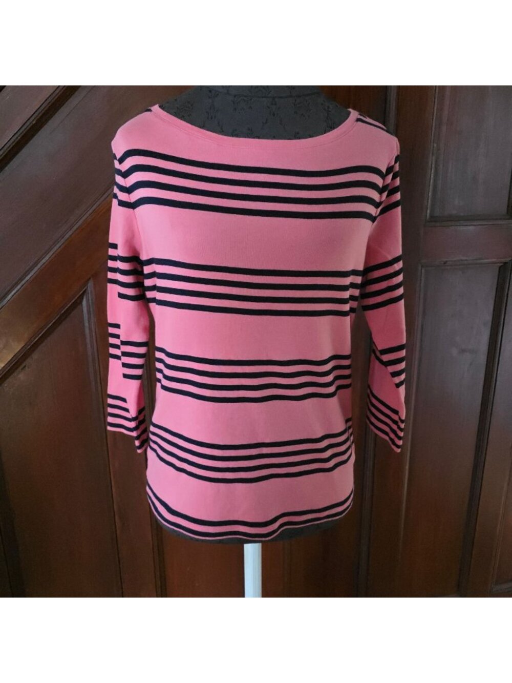 Striped Pink & Navy Talbots Cotton Boat Neck Top M 3/4 Sleeves
